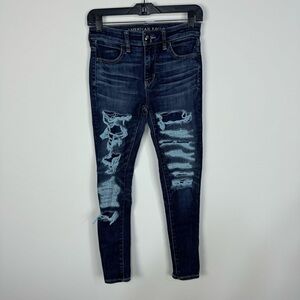 American Eagle Hi rise jegging dark wash distressed patched jeans 0 short